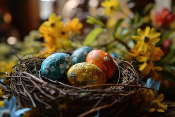 colourful easter eggs in a bird's nest