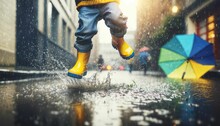 Child In Yellow Rubber Boots Joyfully Jumping Over A Puddle In The Rain