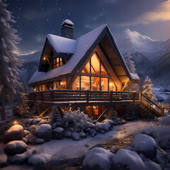 Poster - Cozy cabin in the snow-covered mountains