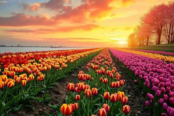 Wall Mural - Incredibly beautiful spring landscape with rows of tulips in the holland at sunrise. generative ai.