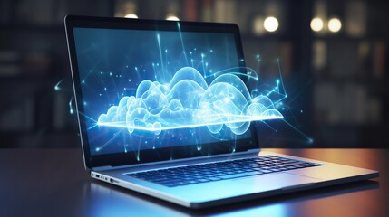 digital technology. hologram, laptop computer, data machine, online privacy security social network server,