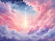 Watercolor dreamy fantastic heaven background landscape sky pastel fluffy clouds and glowing light