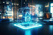 © lily - Virtual creative lock sketch with chip hologram on a modern boardroom background, protection of personal data concept. Multiexposure