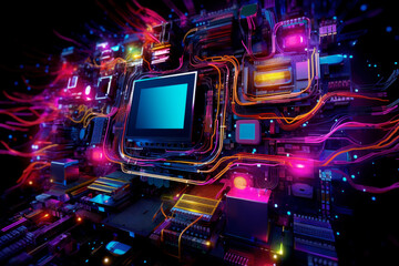 Computer hardware components, motherboard and chipset in neon lights. Digital world