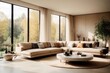 © Basileus - Interior home design of modern living room with cream colored sofa with forest view house window