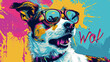 Wow pop art dog face. Cat with colorful glasses pop art background. Animals characters