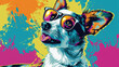 Wow pop art dog face. Cat with colorful glasses pop art background. Animals characters