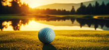 Embrace Tranquility With A Golf Ball Poised On Lush Greens Near A Reflective Pond At Sunset