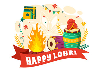 Wall Mural - Happy Lohri Festival of Punjab India Vector Illustration of Playing Dance and Celebration Bonfire with drums and kites in Flat Cartoon Background