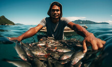 Filipino Fisherman Showcases His Fresh Catch Of Silvery Fish