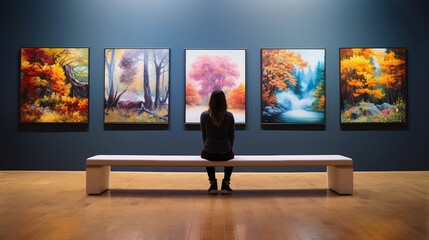 A Woman Seated on a Bench in an Art Gallery Looking at Paintings