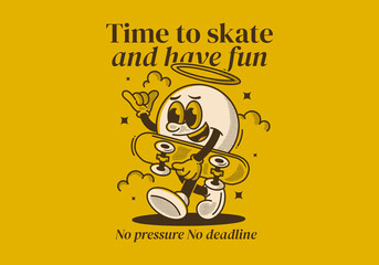 Wall Mural - Time to skate and have fun. Walking ball head character holding a skate board