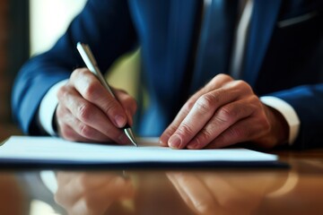 Close-up of a person's hand sign with approved on certificate document at desk.