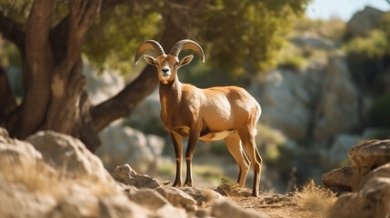 Wall Mural - wild sheep urial, ovis orientalis vignei, in the nature habitat, rock in background. AI Generative