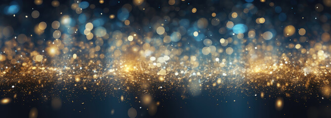 Wall Mural - Abstract background with Dark navy blue and gold light dust particle. Christmas Golden light shine particles bokeh on navy blue background. Christmas, award festive concept