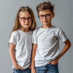 Wall Mural - Two little kids in white t-shirts and glasses. Kids t-shirt mockup.