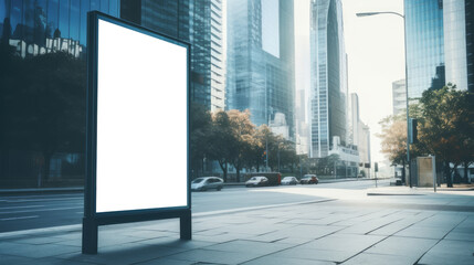 Modern billboard in a glassy business district with a clear sky. Advertising and architecture concept. Generative AI