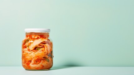 Wall Mural - Generative AI : Plate of spicy cabbage kimchi with chili pepper and chopsticks