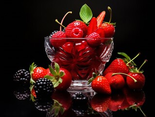 Poster - Generative AI : Red strawberries falling into water on black background. Fresh fruits splashing