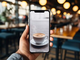 Aufkleber - Generative AI : Close-up image of a woman sitting in the cafe and using her smartphone