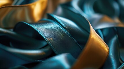 Poster - Blue and gold ribbon in close-up view. Perfect for adding a touch of elegance and sophistication to any design or project