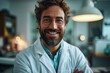 Healthy smile, Positive bearded dentist expressing cheer while standing in office. Generative AI.
