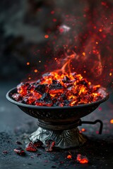 Wall Mural - A metal bowl filled with red hot coal. Versatile image for various uses