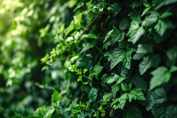 Wall Mural - A close-up view of a bunch of leaves arranged on a wall. This image can be used to add a natural touch to any design