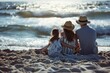 © Fotograf - A man sitting with two little girls on the beach. Perfect for family vacations and summer activities