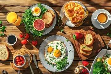 Wall Mural - A wooden table with a variety of delicious dishes and plates of food. Perfect for showcasing a tasty meal or for food-related content