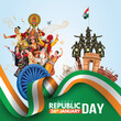 Happy republic Day India 26th January. Indian monument and Landmark with background , poster, card, banner. patriotic vector illustration design