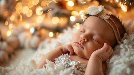 Canvas Print - A peaceful image of a sleeping baby lying on a blanket in front of a beautifully decorated Christmas tree. Perfect for holiday-themed designs and advertisements