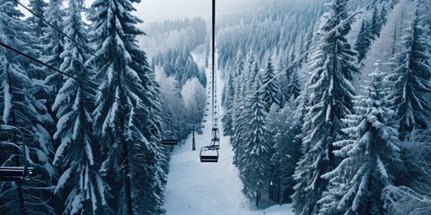 Sticker - A ski lift located in the midst of a snowy forest. Perfect for winter sports enthusiasts or nature lovers.