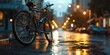 A bicycle is parked on a wet street. Suitable for urban transportation or rainy day concepts