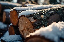 Pile Of Wooden Logs Covered With Snow