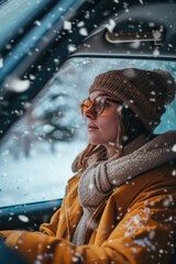 Canvas Print - A woman is seen driving a car in snowy conditions. This image can be used to depict winter driving, snowy landscapes, or the challenges of driving in inclement weather