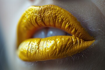 Poster - A close-up view of a person's mouth with vibrant yellow lips. This image can be used for various purposes