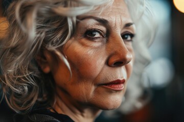 Canvas Print - A close-up photograph of a woman's face with a blurred background. This image can be used to depict beauty, skincare, or emotions