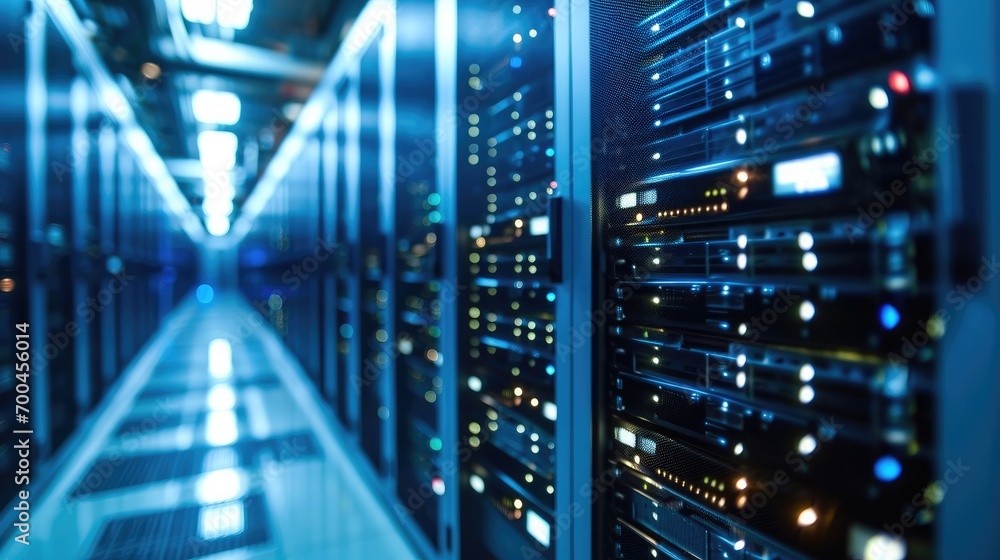 Network server room with fiber optic cables connected to switch ...