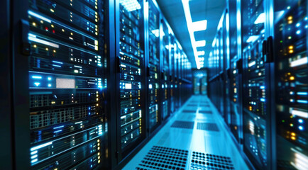 Leinwandbilder - Network server room with fiber optic cables connected to switch technology, Rackmount LED console in server room data center. Generative AI.