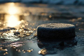 Poster - A detailed view of a puck of ice resting on a wet surface. Suitable for various uses