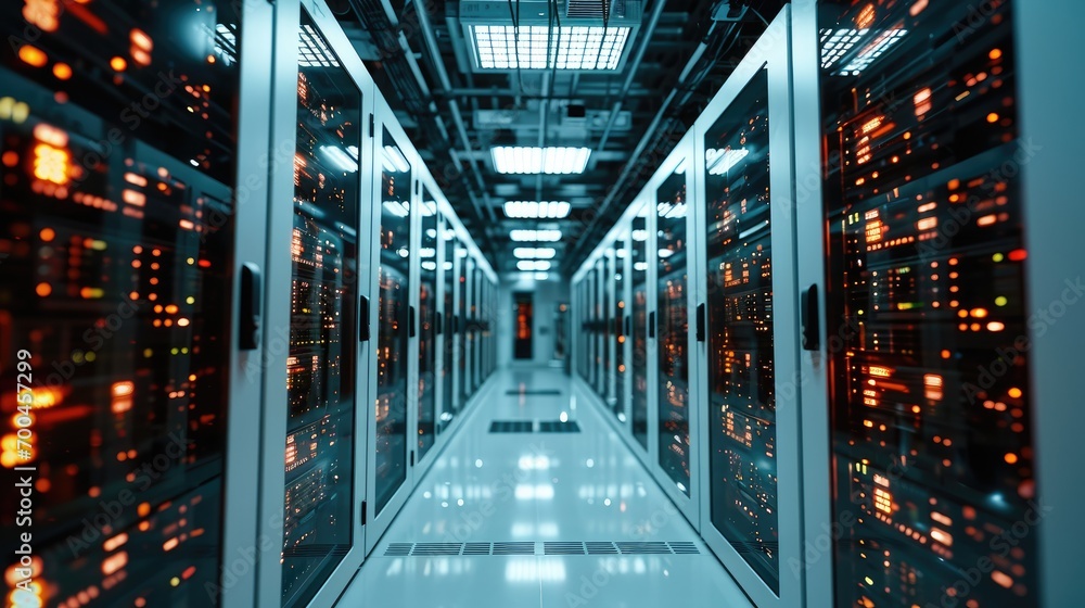 Data center, Network server room with fiber optic cables connected to ...
