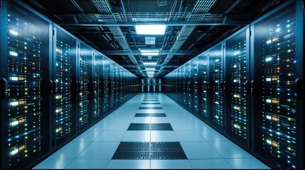 Poster - A state of the art data center with rows of server racks, Cooling systems. Generative AI.