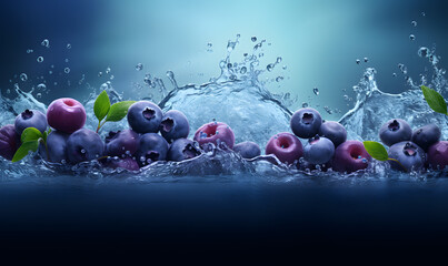 Wall Mural - fresh blueberries splashed with water on black and blurry background