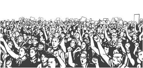 Black and white illustration of demonstrating crowd