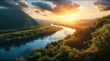 Wall Mural - Stunning view of sunrise over mountain and river with green landscape. Generative AI.