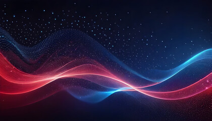 Digital light blue and light red particles wave and light abstract background with shining dots stars.