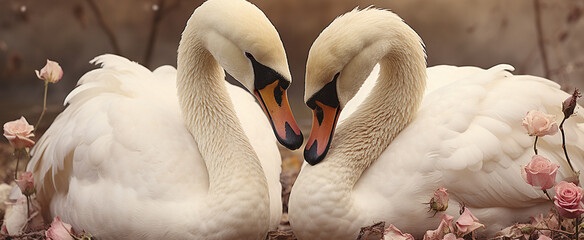 Wall Mural - Wall painting with a pair of white geese in vintage style around the lake High quality photo