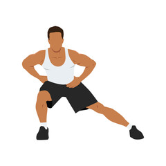man doing standing adductor or adduction stretch exercise. flat vector illustration isolated on whit