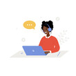 © KeronnArt - Customer support concept. Call center or hotline. African woman with headphones and microphone with laptop. Operator advises clients. Vector illustration in flat cartoon style.